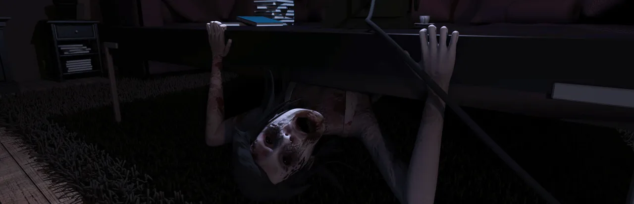 Sophie's Curse key art: a pale girl with a ruined face crawling out from under a table in a dark living room