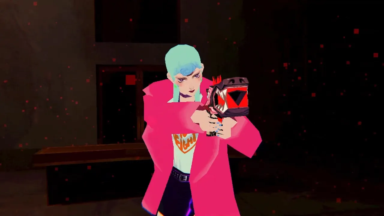 Sorry We're Closed screenshot: Michelle, with mint hair and a pink coat, aims a red weapon in a dark room scattered with red particles