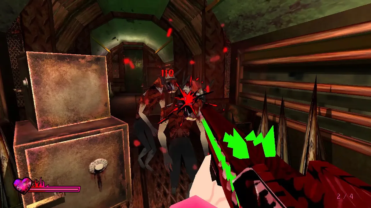 Sorry We're Closed screenshot: first-person shooting at a red demon in a narrow corridor beside a rusty safe, a heart health bar in the corner