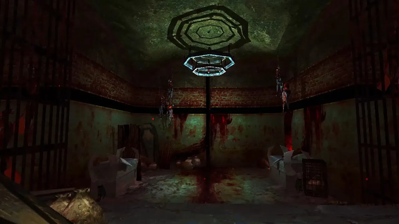 Sorry We're Closed screenshot: a dim, blood-spattered room with dark shapes hanging from the ceiling and cell bars along the walls