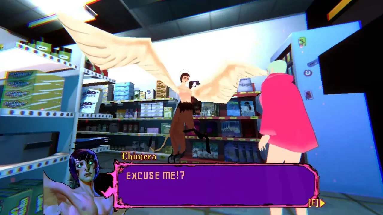 Sorry We're Closed screenshot: a winged figure called Chimera says Excuse me in a corner shop full of stocked shelves