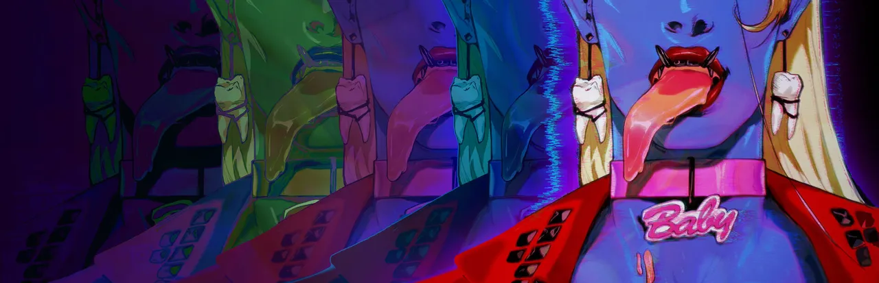 Sorry We're Closed art: a row of neon-coloured demon faces with long tongues and sharp teeth on a dark background