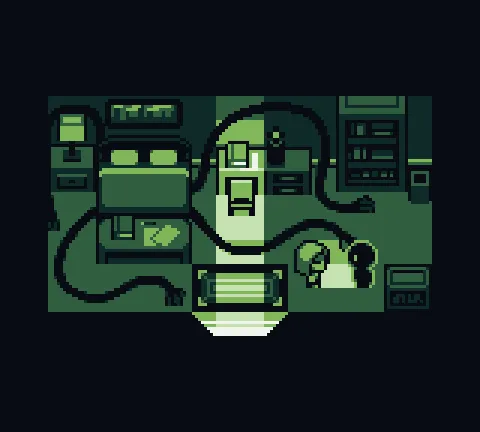 A small pixel bedroom with a bed, shelves and black cables snaking across the floor
