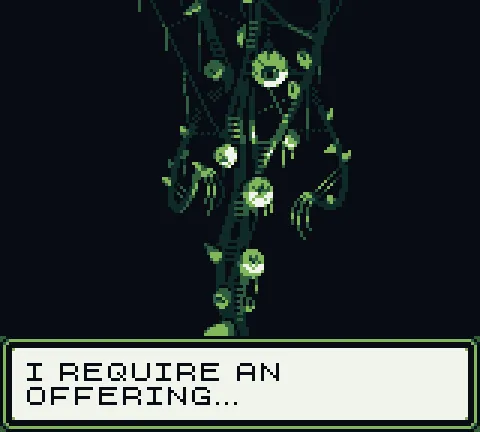 A column of tangled vines covered in eyes, with the text I require an offering
