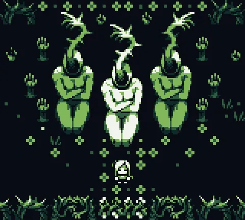 The small player figure facing three kneeling figures with branching growths for heads among plants