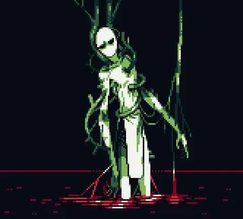 A tall pale figure tangled in hanging vines, standing in a pool of red blood in green pixel art