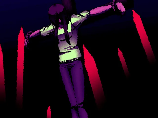soundless screenshot: a distorted purple figure hangs with arms spread among red spikes in the dark
