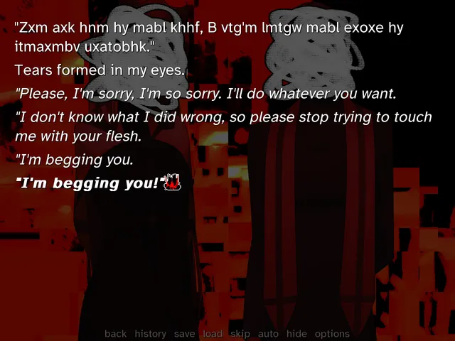 soundless screenshot: two figures with scribbled-out heads loom against a glitching red background as Mercy begs them to stop