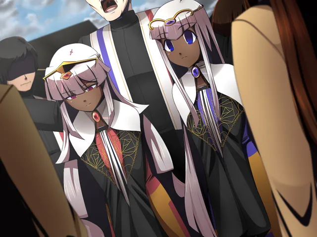 soundless screenshot: two silver-haired Holy Women in black and gold robes stand before a shouting priest and a blindfolded man as villagers crowd in