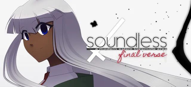 soundless Final Verse key art: an anime-style girl with long silver hair and a school collar smiles faintly beside the soundless title and an inverted cross
