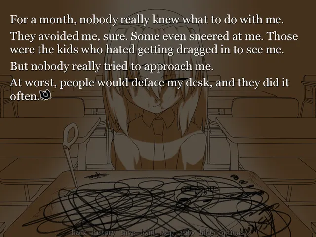 soundless screenshot: in a sepia classroom a girl sits hunched at a desk covered in scribbles while the text says nobody would approach her
