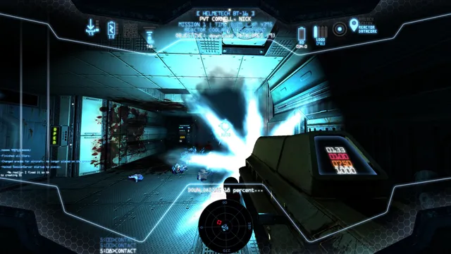 A marine fires into Space Beasts down a blood-splattered ship corridor, shown through a blue helmet display