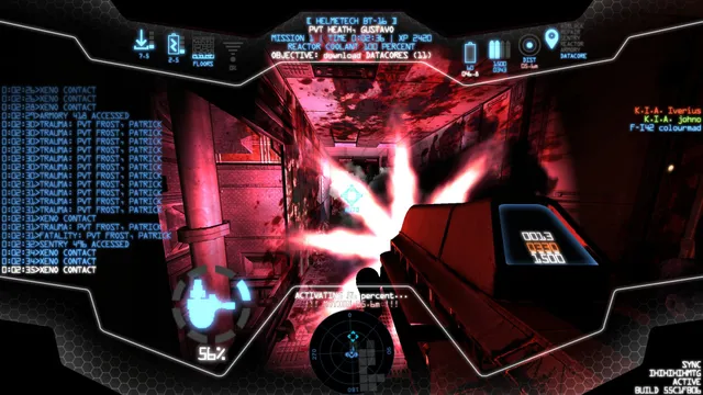 Red light and muzzle flash in a gory corridor as a marine fights, with a log of xeno contacts and fatalities on screen