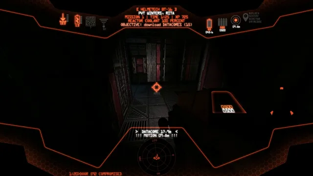 A marine's helmet display in orange over a dark spaceship corridor, the motion tracker warning of movement 9.8 metres away