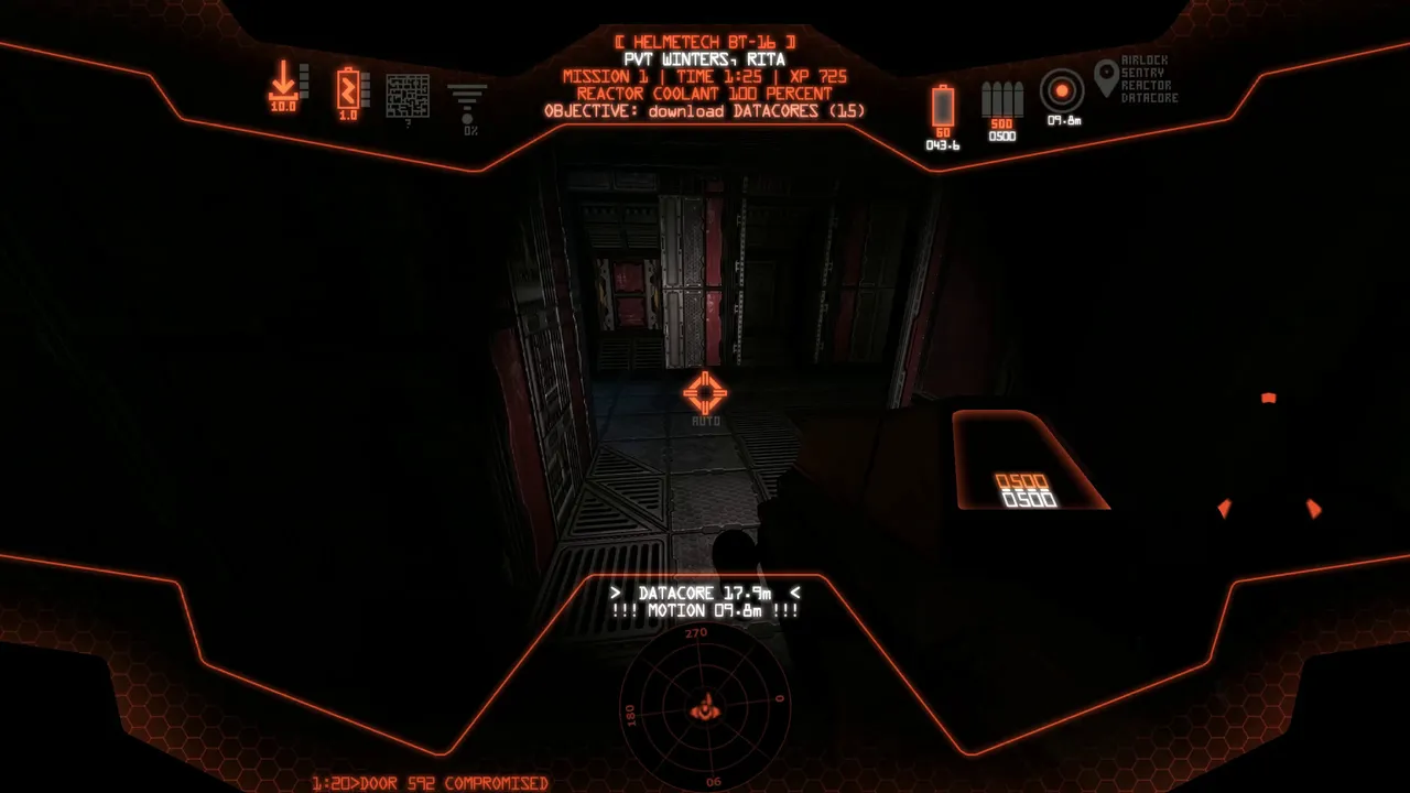A marine's helmet display in orange over a dark spaceship corridor, the motion tracker warning of movement 9.8 metres away