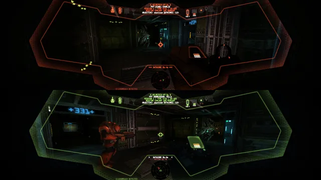 Split-screen co-op: two marines in a dark spacecraft, a Space Beast in the shadows ahead of each