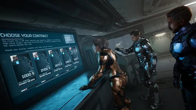 Three armoured mercenaries look at a contract board listing missions and their rewards