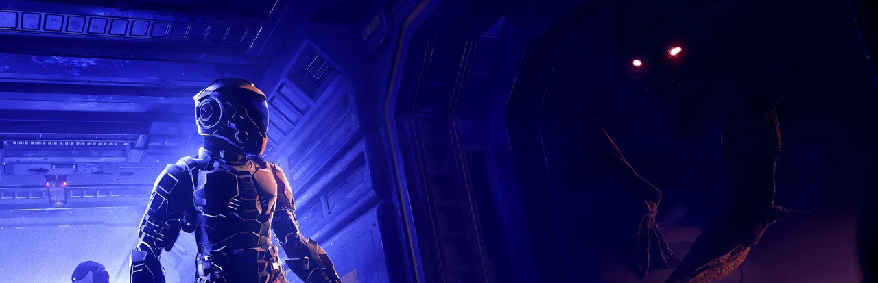 Species: Unknown key art: a mercenary in a sci-fi suit and helmet in a blue-lit ship corridor, with a dark creature's red eyes glowing beside them