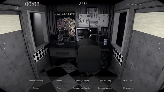 Spectator screenshot: a security camera looks down on a guard at his desk in a pizzeria office with checkered tiles