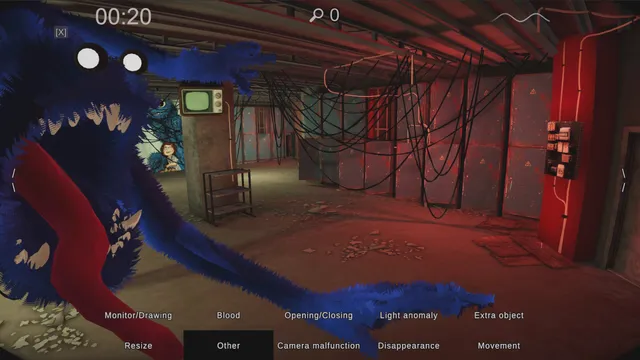 Spectator screenshot: a blue furry monster with long arms fills a camera view of a red-lit basement, with the anomaly report menu below