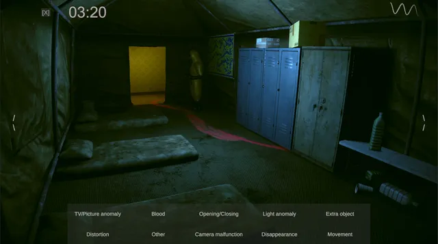 Spectator screenshot: a figure in a yellow hazmat suit stands by lockers in a dim tent, a red trail on the floor, at 03:20