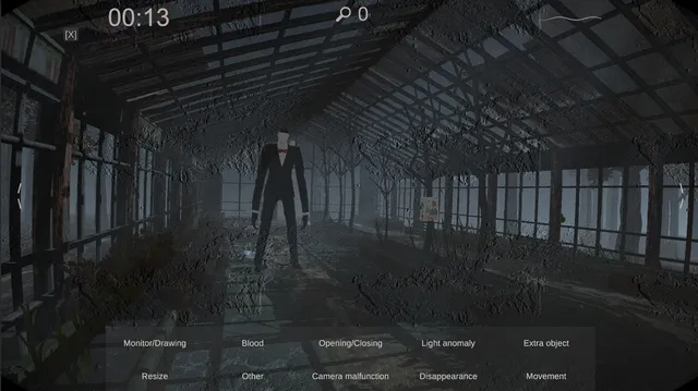 Spectator screenshot: a tall faceless man in a suit stands in a ruined greenhouse on a grainy camera feed