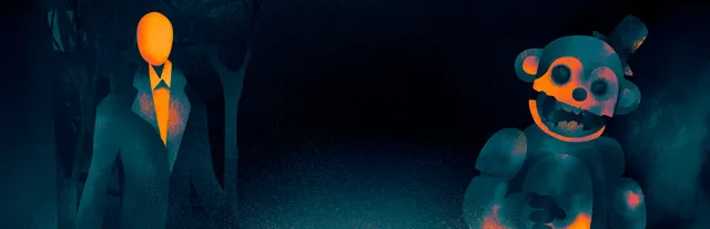 Spectator key art: a faceless Slender-like figure in a suit and a grinning animatronic bear in a top hat loom out of a dark forest in orange and teal