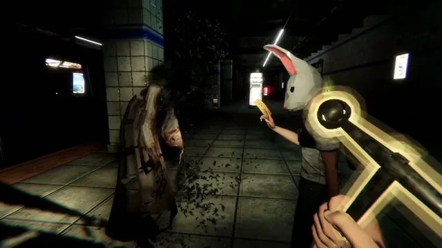 Spectral Scream: a player in a rabbit mask beside a long-haired figure in a bloodied coat in a subway corridor