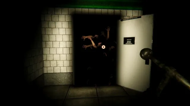 Spectral Scream: many grasping arms and an eye reach out of a dark doorway in a tiled wall
