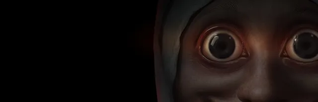 Spectral Scream key art: a close-up of a hooded face with huge staring eyes