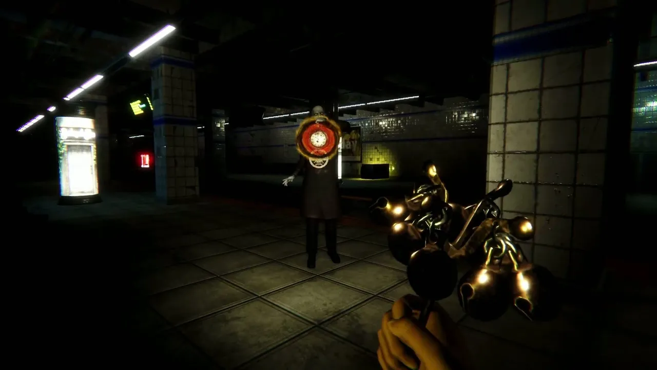 Spectral Scream: a figure with a glowing clock for a head stands in a dim tiled subway hall as the player holds a brass tool
