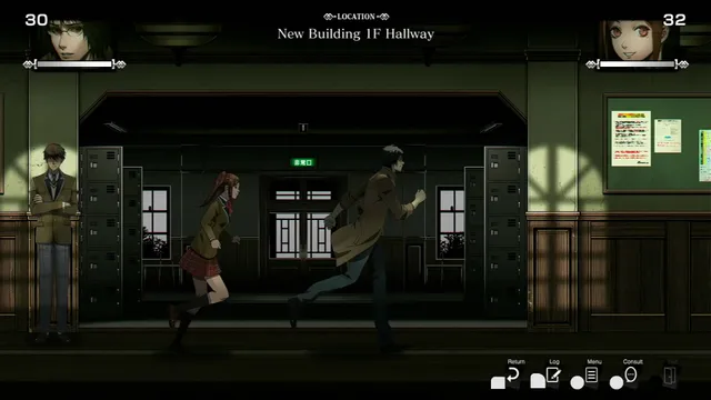 Spirit Hunter: Death Mark II screenshot: side-scrolling view of the hero and a student running down the academy's first-floor hallway, partner portraits above