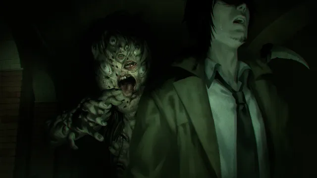 Spirit Hunter: Death Mark II art: a spirit with many eyes and insects crawling over its face grabs at a man in a coat in a dark brick corridor
