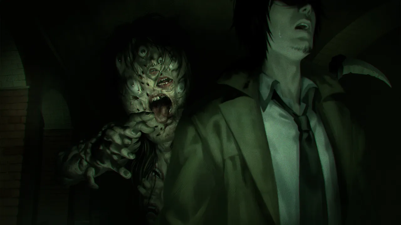 Spirit Hunter: Death Mark II art: a spirit with many eyes and insects crawling over its face grabs at a man in a coat in a dark brick corridor