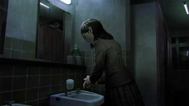 Spirit Hunter: Death Mark II screenshot: a schoolgirl washes her hands in a dim restroom while a face peers over a stall door in the mirror