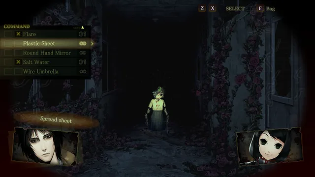 Spirit Hunter: Death Mark screenshot: a ghostly girl stands in a rose-covered corridor while a command menu lists items such as salt water and a hand mirror