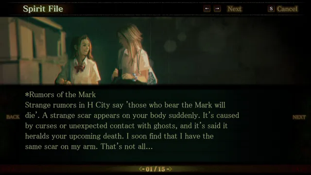 Spirit Hunter: Death Mark screenshot: a Spirit File titled Rumors of the Mark, about a scar that heralds death