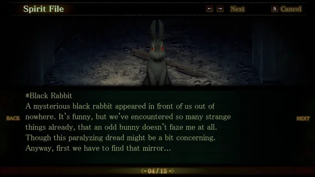 Spirit Hunter: Death Mark screenshot: a Spirit File page about a black rabbit with red eyes in a dark ruin