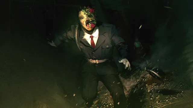 Spirit Hunter: Death Mark art: a man in a suit with a face overgrown by red flowers lunges out of the dark