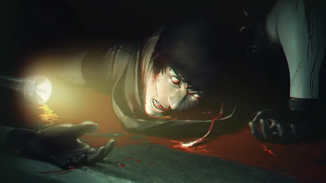 Spirit Hunter: NG art: a bloodied person lying on the floor in the beam of a dropped flashlight