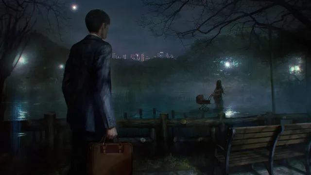 Spirit Hunter: NG art: a man with a briefcase at a dark pond at night, where a pale woman stands with a pram