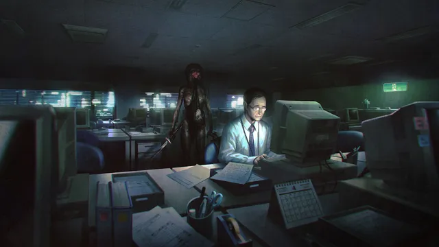 Spirit Hunter: NG art: an office worker at his desk at night while a ghostly woman stands behind him