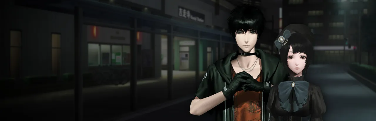 Spirit Hunter: NG key art: a young man in a dark jacket and a girl with a bow on a deserted night street by a station
