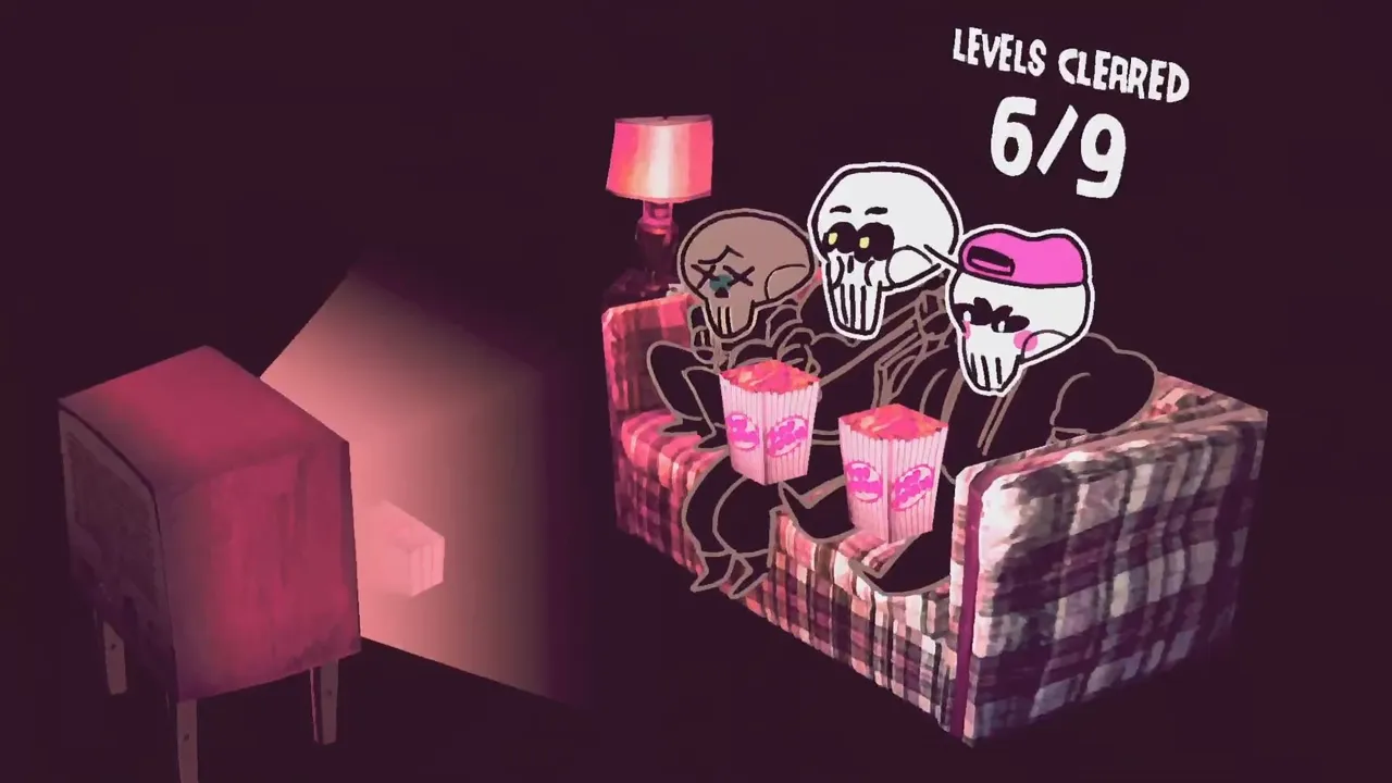 SPOOKWARE: Watch Party screenshot: three cartoon skeletons with popcorn on a plaid couch watching an old television, with a levels cleared counter