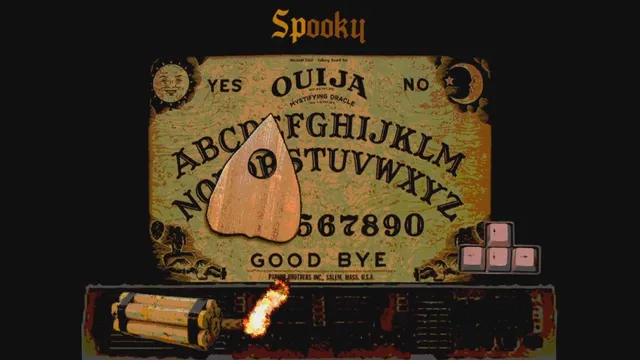 SPOOKWARE: Watch Party screenshot: a Ouija board microgame titled Spooky, with a planchette and a burning fuse