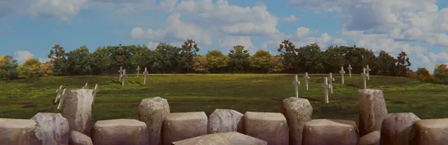 SPOOKWARE: Watch Party key art: a graveyard of white crosses on a green hill behind a low stone wall