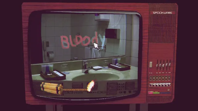 SPOOKWARE: Watch Party screenshot: an old TV showing a bathroom mirror with Bloody written in the steam