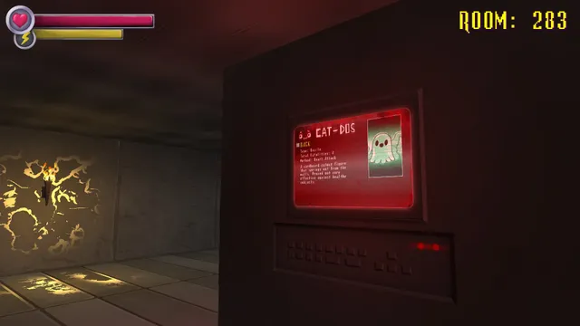 Spooky's Jump Scare Mansion: HD Renovation screenshot: a red terminal screen describing a cardboard cut-out ghost, beside a torch-lit wall