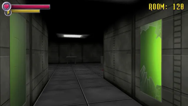 Spooky's Jump Scare Mansion: HD Renovation screenshot: a grey laboratory corridor at room 120 with broken green specimen tanks