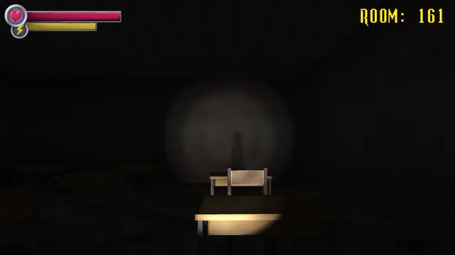 Spooky's Jump Scare Mansion: HD Renovation screenshot: a dark classroom at room 161 with a shadowy figure caught in the torch light behind the desks